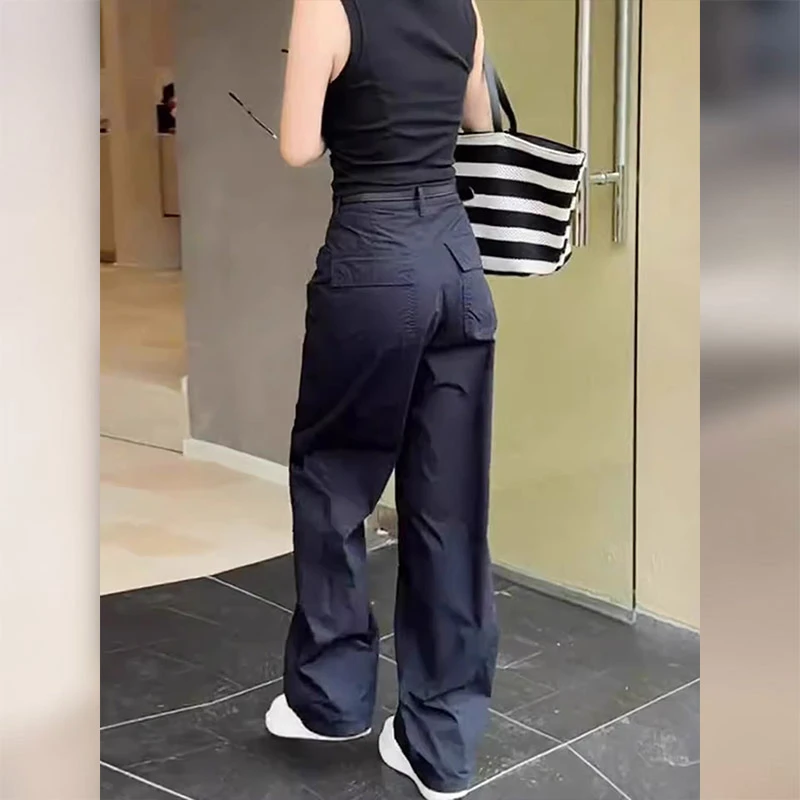 藏青色复古直筒阔腿裤女2025夏季流行新款高腰时尚小众百搭休闲裤