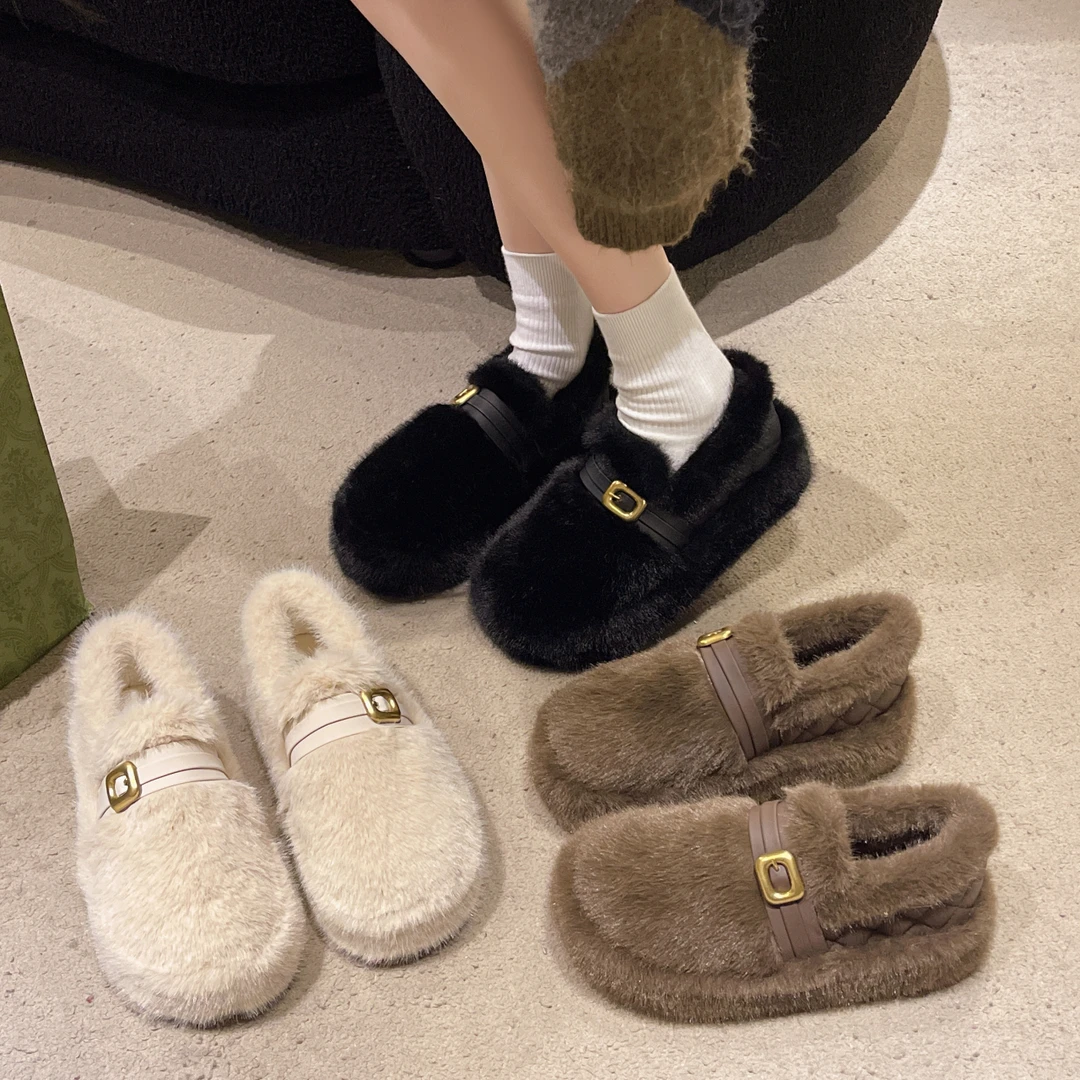 【美兰】厚底一脚蹬毛毛鞋女秋冬外穿2024新款加绒保暖女棉鞋毛茸茸