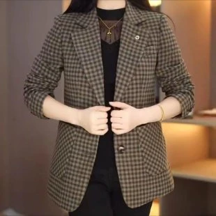 时尚格子西装外套2025春秋季新款百搭休闲中老年妈妈上衣