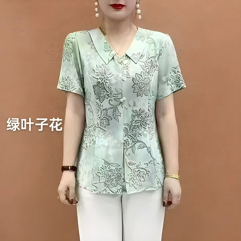 妈妈夏装新款短袖T恤中年妇女翻领印花冰丝小衫中老年减龄遮肚子