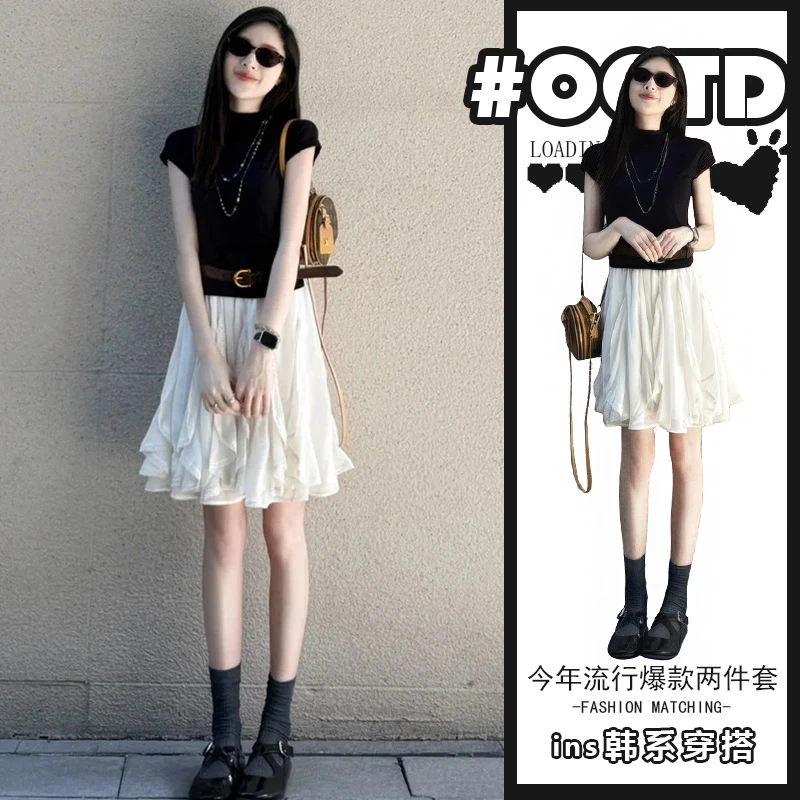 2025夏辣妹修身显瘦短袖上衣高腰洋气半身裙欧美纯欲显气质套装潮