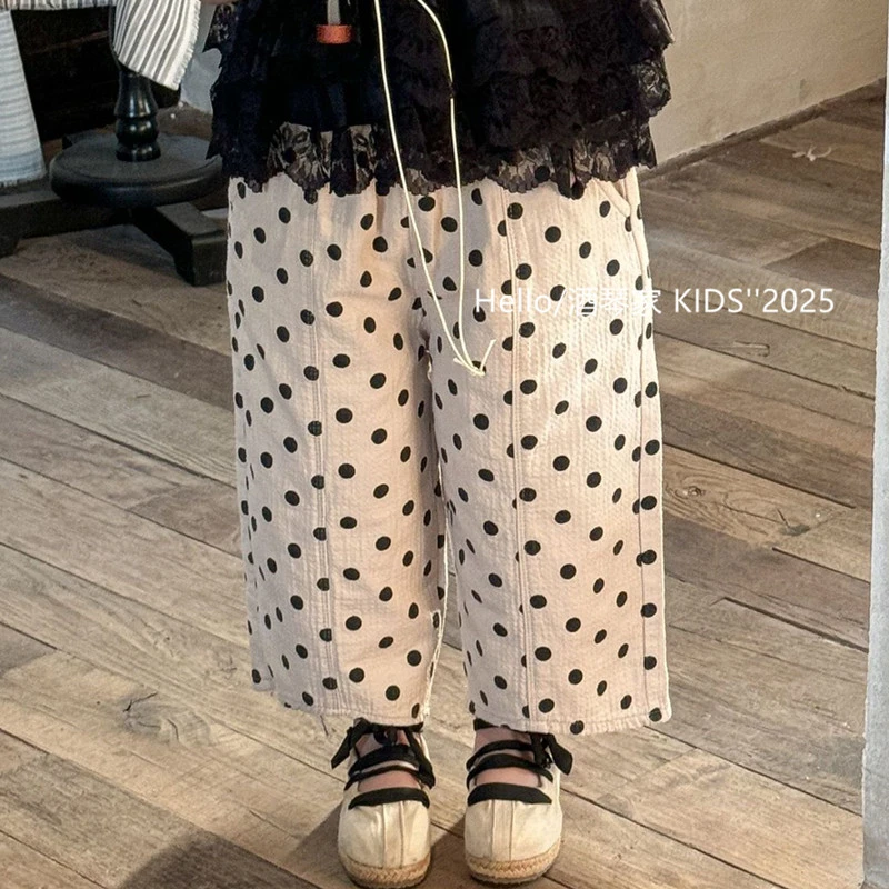 女童复古波点设计感九分裤春季新品韩系女宝宝洋气直筒裤百搭裤子