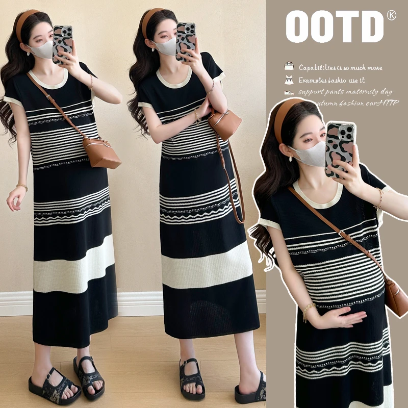 孕妇装夏季新款时尚修身气质显瘦减龄孕妇条纹中长款连衣裙