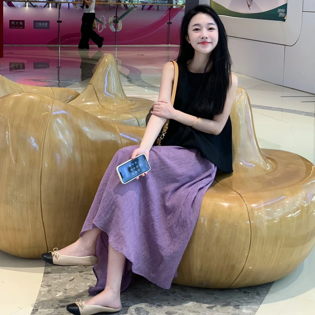 今年流行温柔紫色半身长裙套装女夏季新款复古气质上衣穿搭两件套