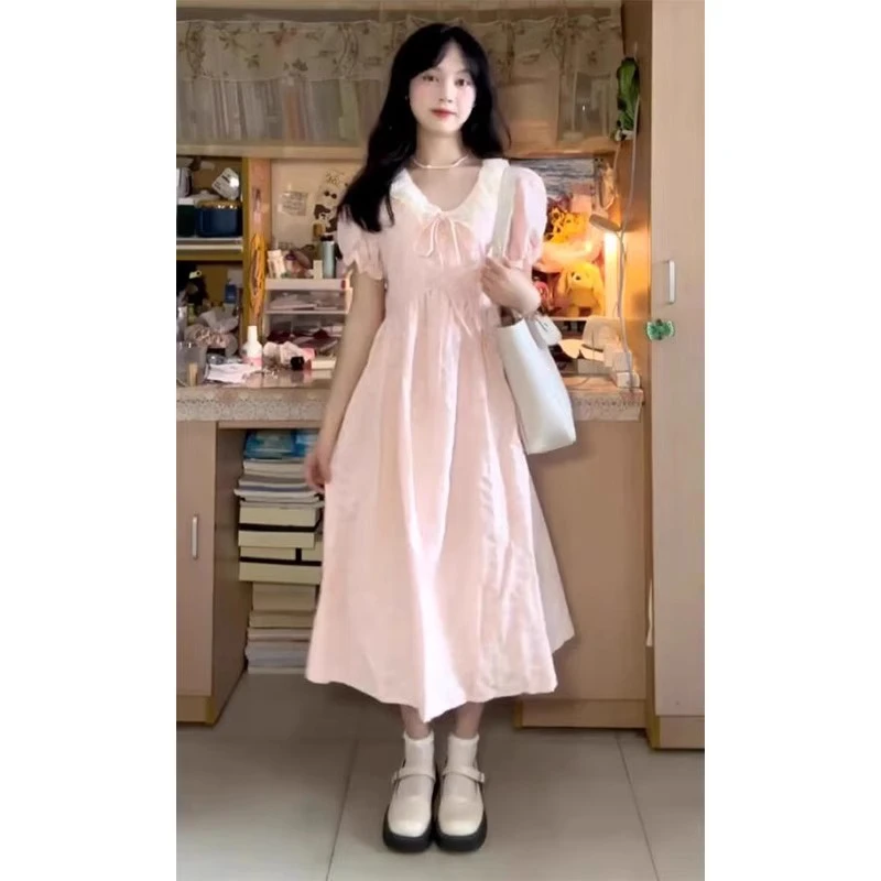 夏季新款韩系复古少女感粉色连衣裙女甜美减龄宽松显瘦泡泡袖长裙
