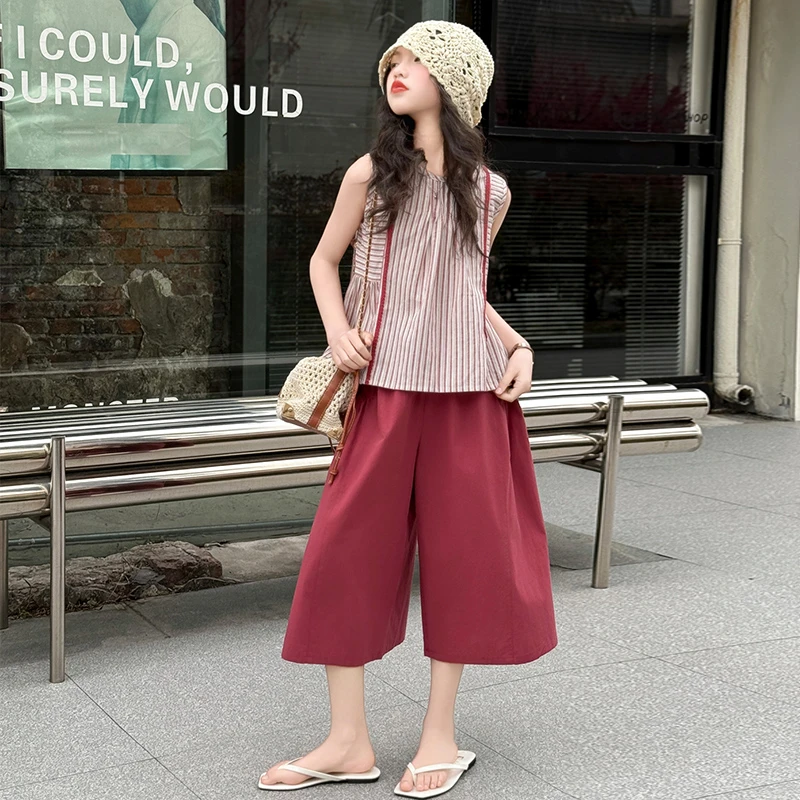 女童夏装套装2025新款儿童夏季薄款洋气条纹无袖女孩阔腿裤两件套