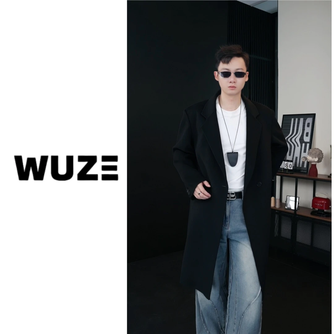 【肩宽腰细】&100羊毛垫肩翻领长款拼接毛呢大衣排扣秋冬宽松潮流男