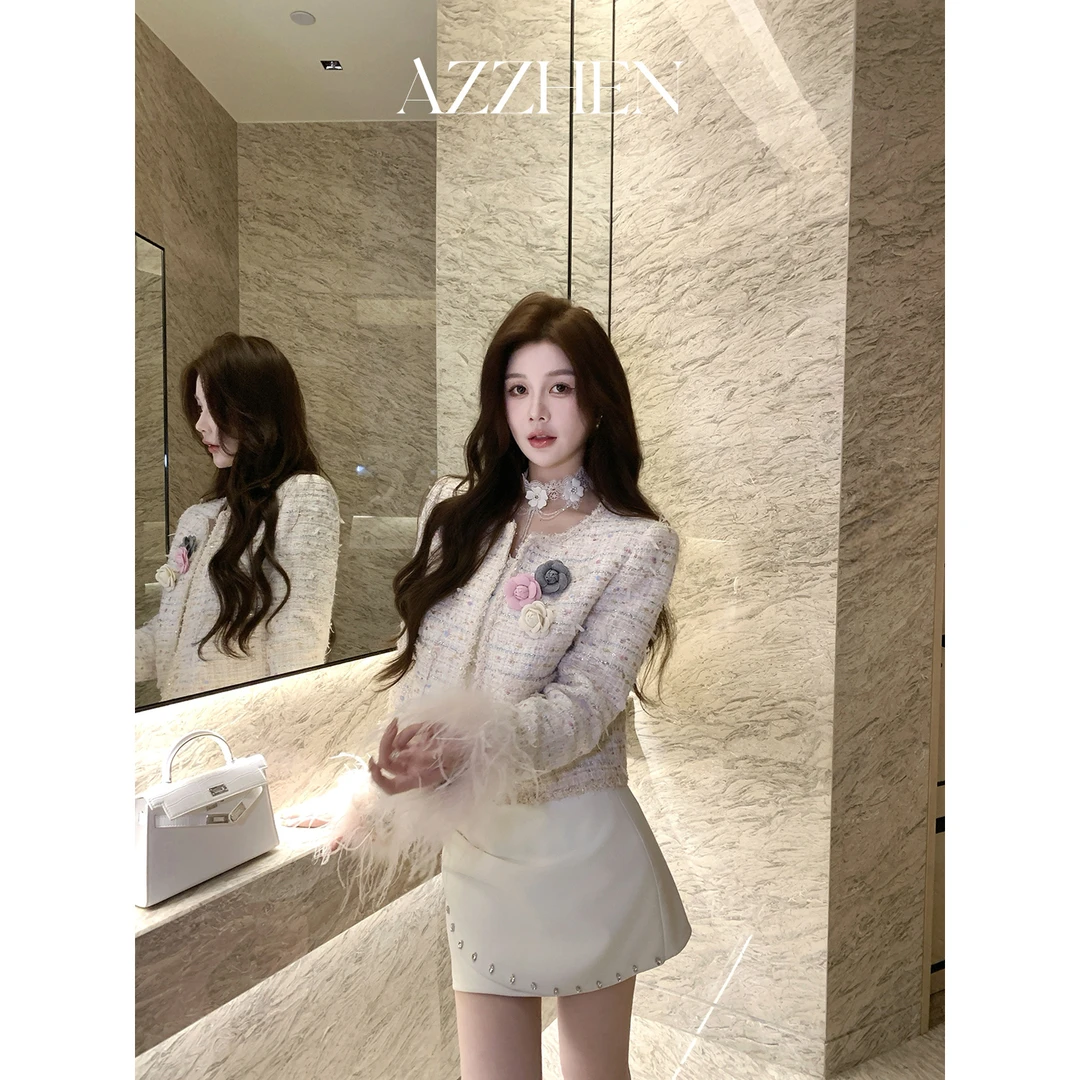 AZZHEN【香颂巴黎】 千金名媛鸵鸟毛袖粗花呢短外套 AZ4KSW16-00