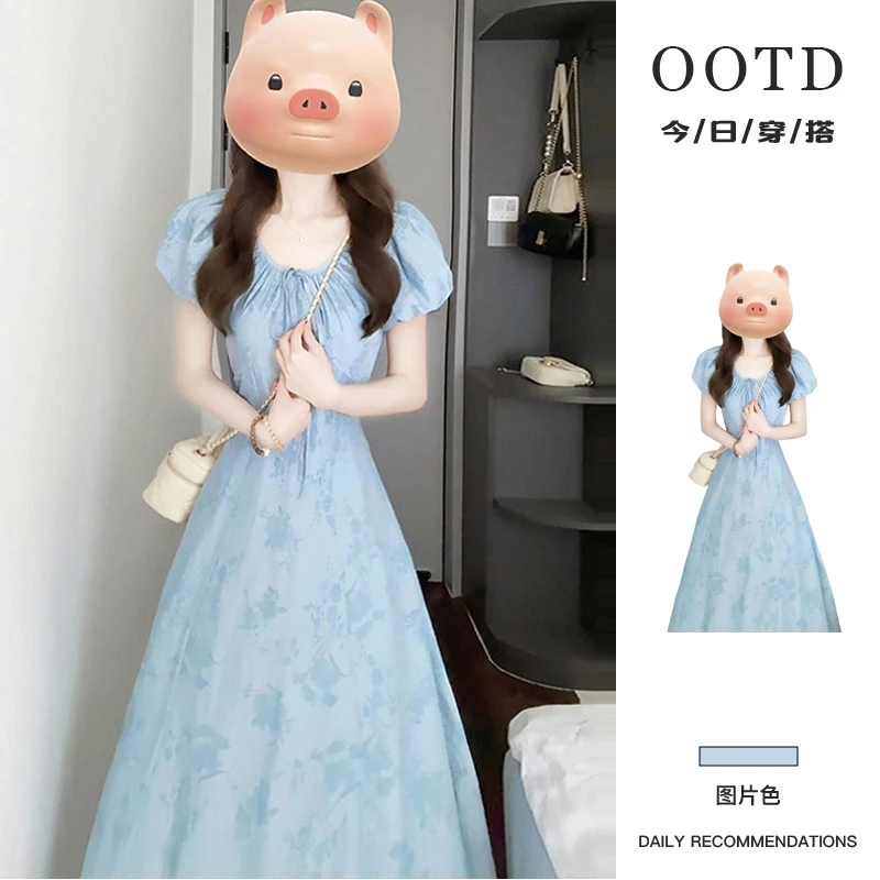 法式蓝色连衣裙子女夏季2025新款爆款气质绝美独特漂亮巨好看长裙