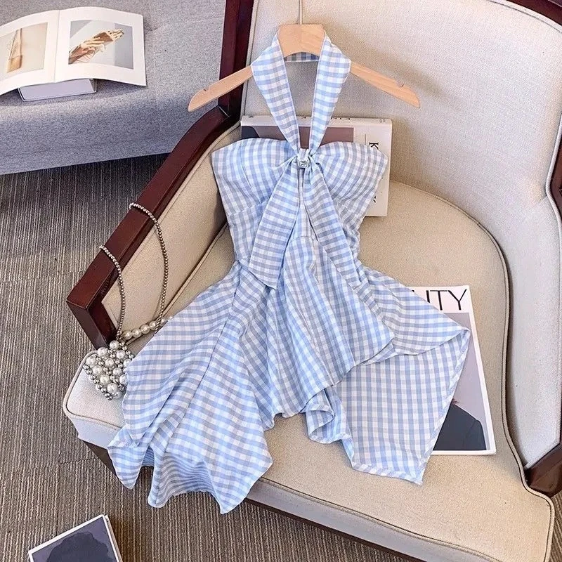 不规则抹胸背心修身辣妹外穿中长款露背无袖上衣清新格子