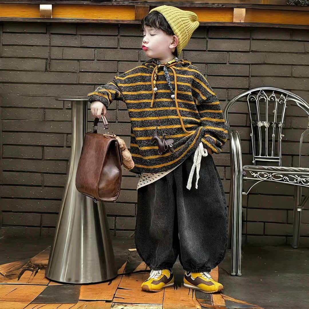 儿童秋季套装2025新款洋气条纹卫衣百搭时尚韩系牛仔裤两件套潮酷