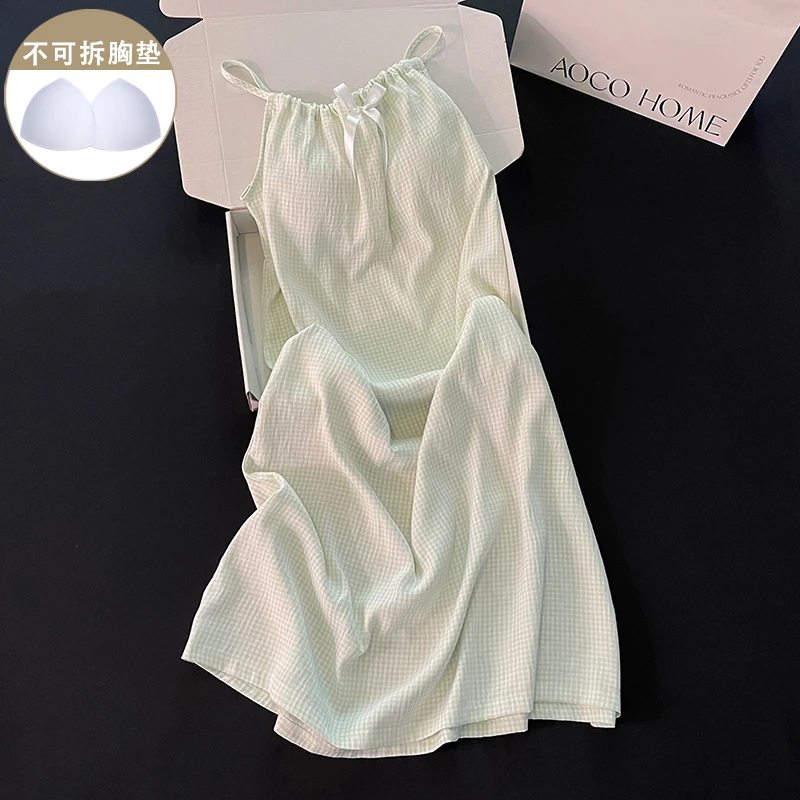 日系ins风带胸垫睡衣睡裙女绿色吊带薄款甜美蝴蝶结中长款家居服