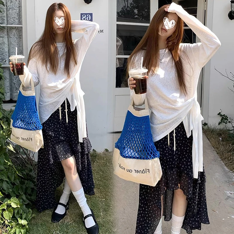 孕妇装时尚洋气宽松韩版新款防晒长袖套装＋碎花不规则抽绳半身裙