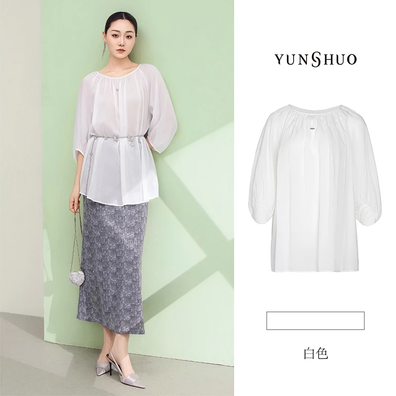 允硕夏季新品圆领直筒宽松中袖温婉白色女套头简约百搭上衣349628