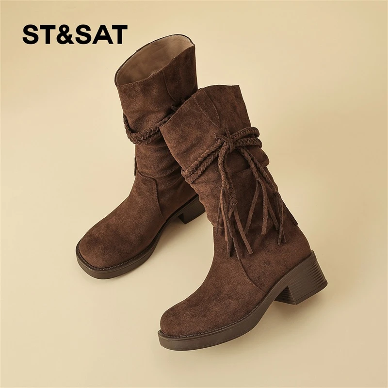 星期六网红爆款时装靴女2025秋季款废土风显瘦堆堆靴不过膝中筒靴