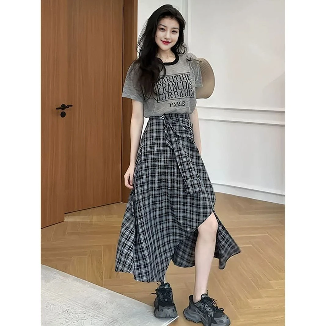 夏季新款印花短袖T恤上衣不规则格子裙裤两件套女巨显瘦韩系套装