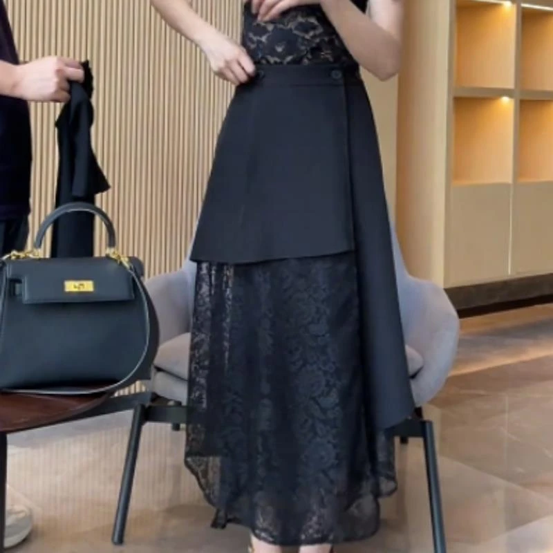 胖mm不规则网纱拼接半身裙女夏季新款显瘦气质长裙小众设计感裙子