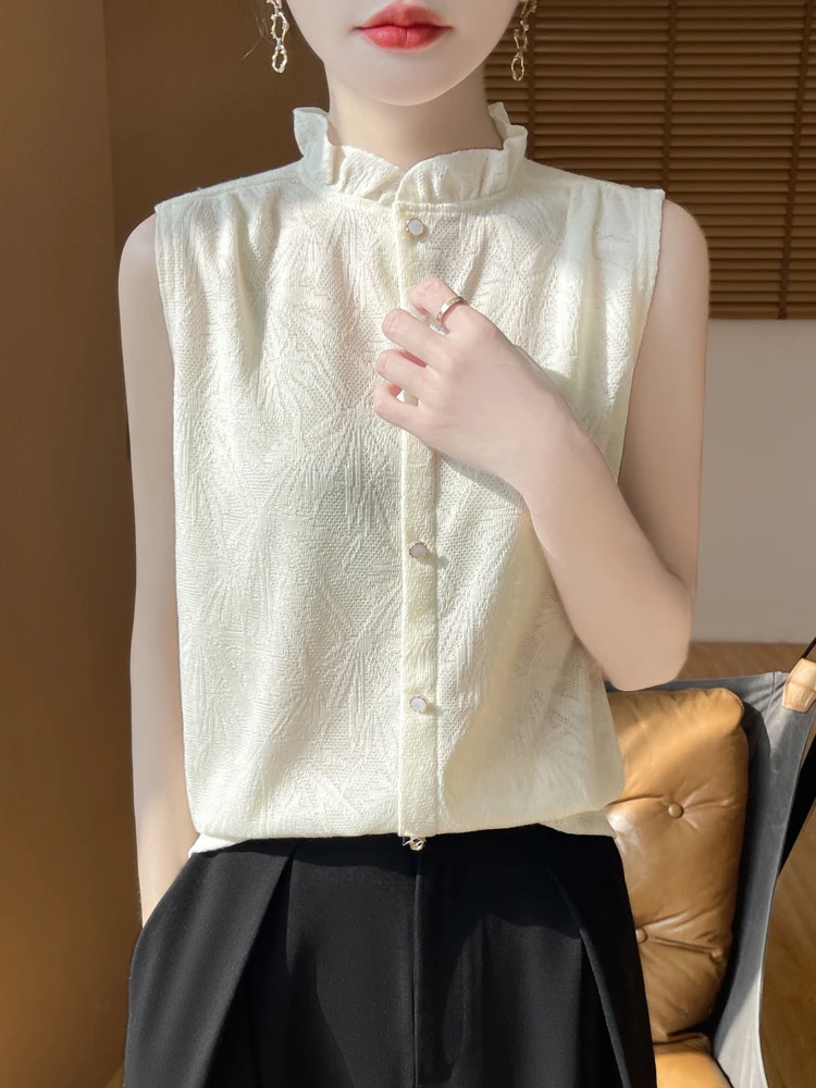 法式赫本风木耳花边无袖打底暗纹提花珍珠扣秋冬百搭内搭女花苞领