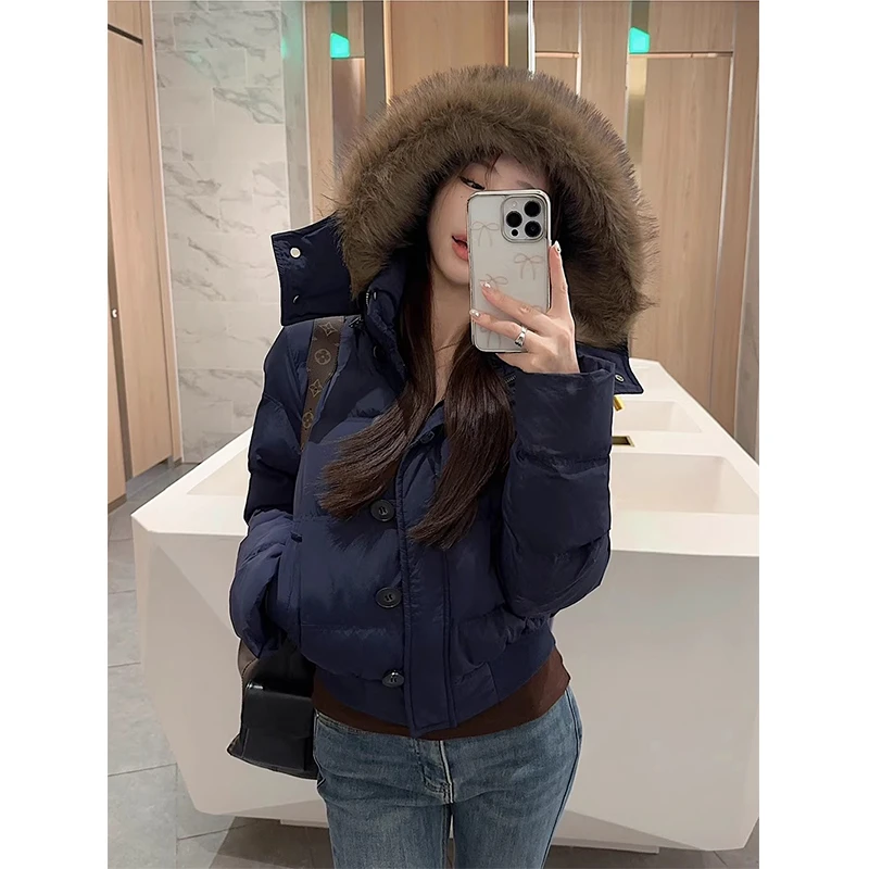 南区菲奥娜 藏青毛领连帽棉服外套女冬季面包服百搭宽松保暖棉衣