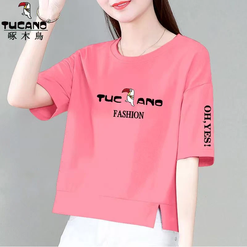 啄木鸟纯棉短袖t恤女2025夏季新款宽松大码洋气显瘦遮肉体恤上衣