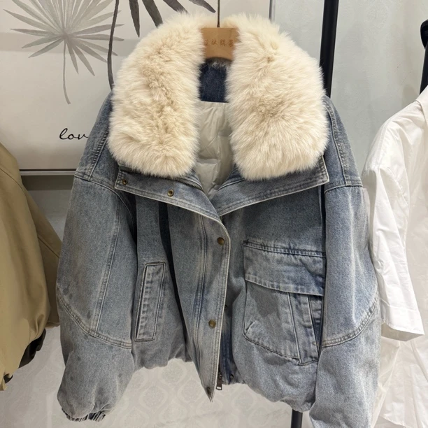 “软云牛仔”狐狸毛领可拆卸牛仔羽绒服32201