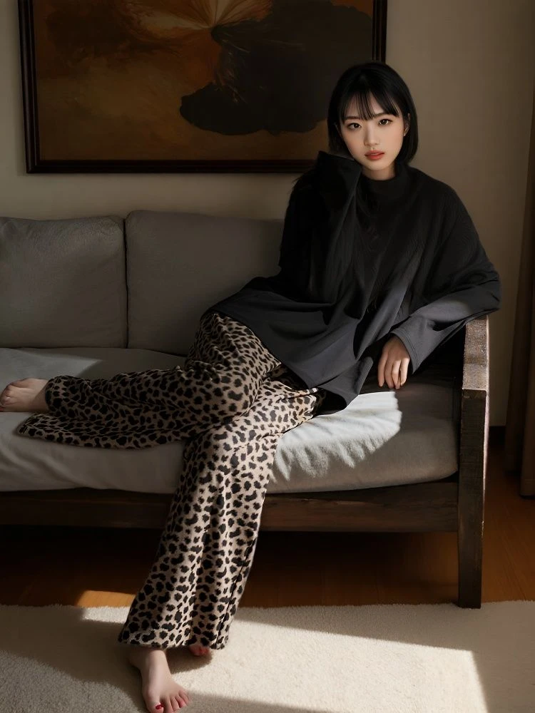 慵懒松弛感睡衣春秋女士豹纹长袖长裤休闲圆领可外穿家居服套装