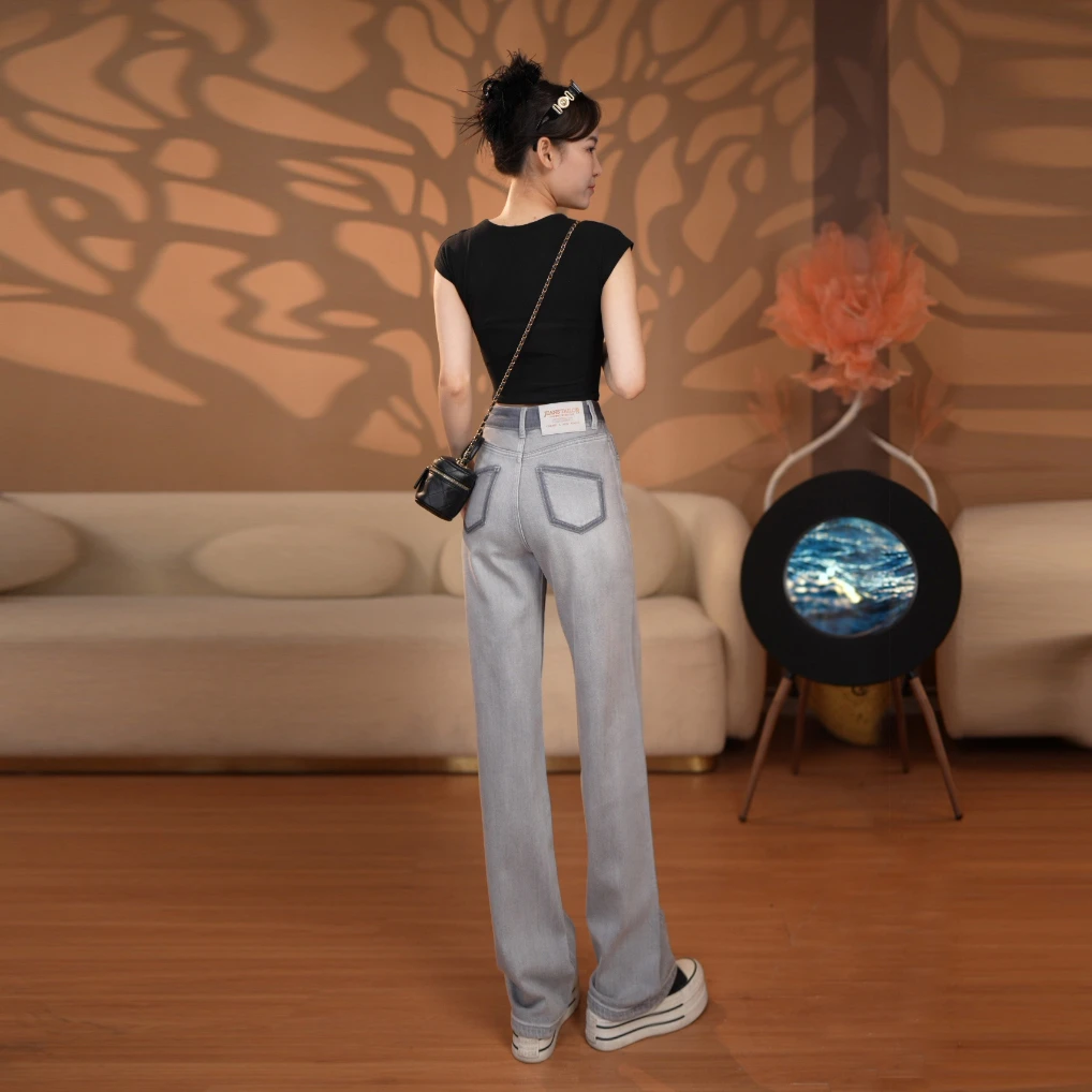 2025春夏新款灰色弯刀窄版直筒牛仔裤女中高腰显瘦修身休闲长裤