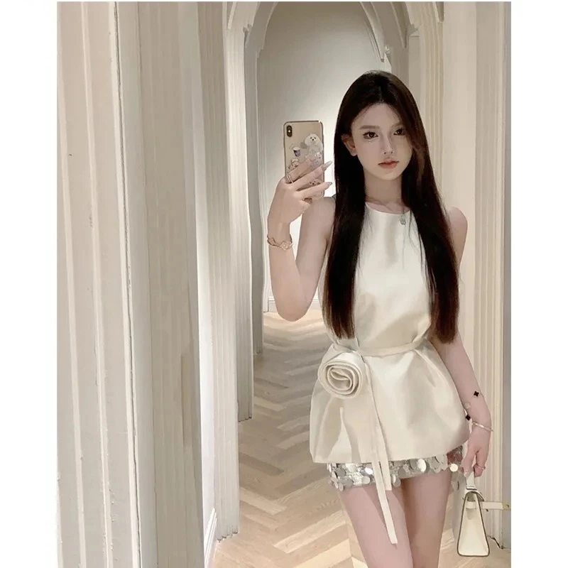 夏季设计师款名媛宴会气质时尚轻奢亮片假两件小众显瘦白色连衣裙