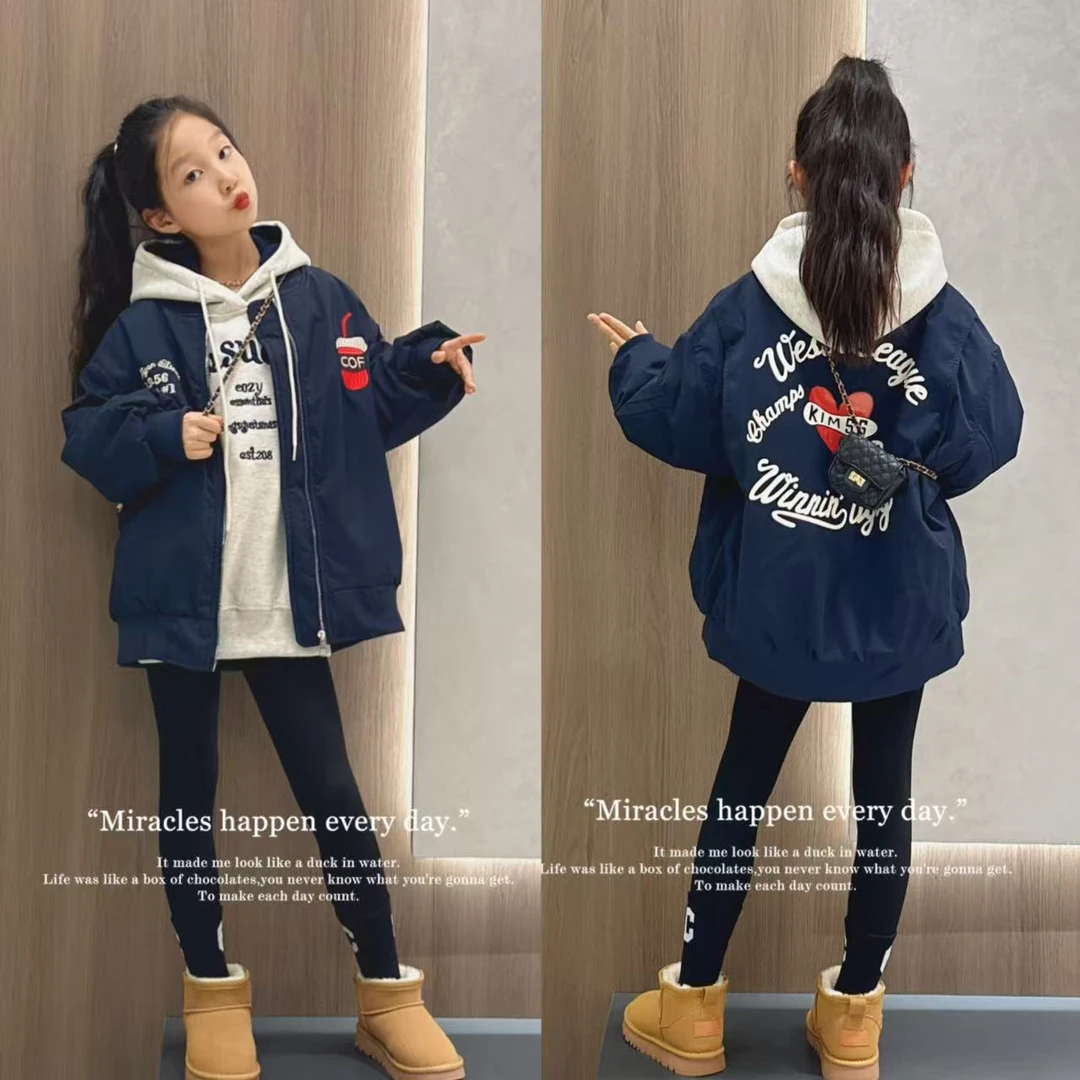 女童秋冬款外套2025新款洋气大童宽松休闲夹棉加厚儿童棒球服上衣