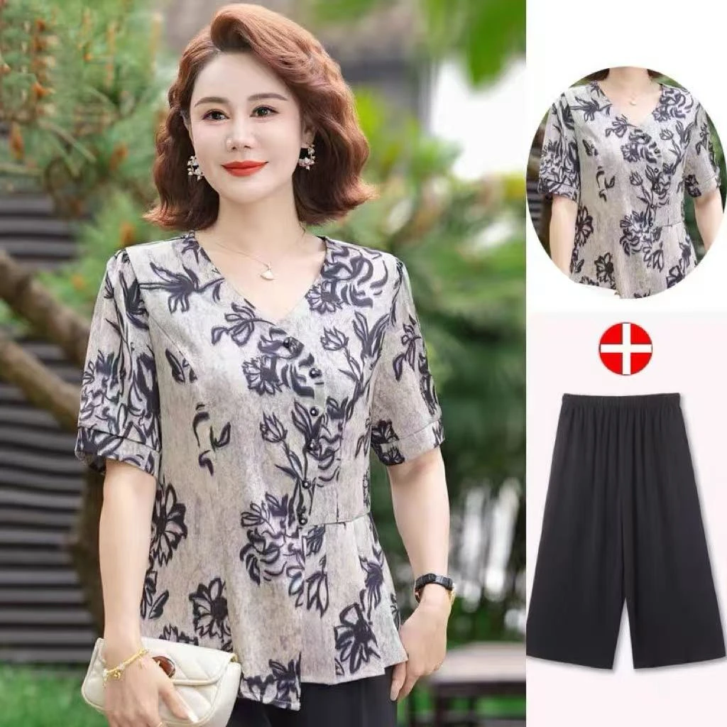9248-妈妈夏装套装国风女装衣服夏季衬衫套装休闲舒适妈妈装