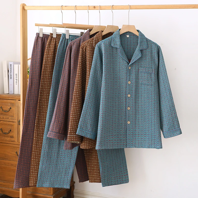 【高定款半夏男士】全棉双层纱长袖长裤翻领睡衣女款爆款2025新款