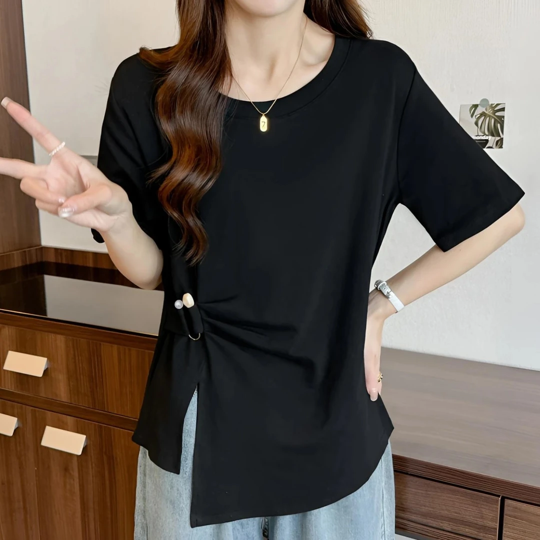 1051新款美式不规则下摆褶皱显瘦圆领短袖大码T恤夏季女别致上衣