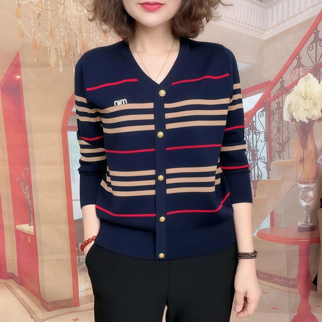 时尚设计感V领长袖针织衫2025春季新款洋气条纹撞色宽松休闲毛衣
