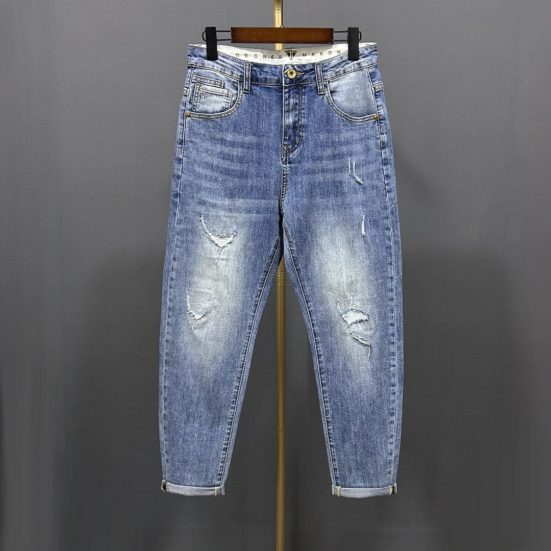 夏季薄款九分男士牛仔裤小宽松微锥直筒修身弹力破洞补丁休闲裤子