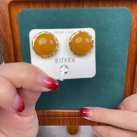 蜜蜡耳饰银S925镶嵌耳钉