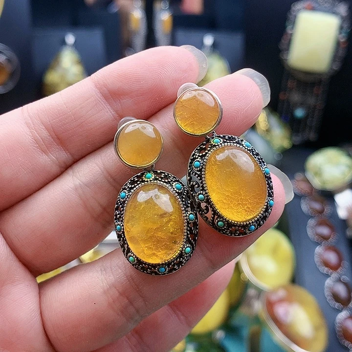 琥珀裸石银S925镶嵌耳坠