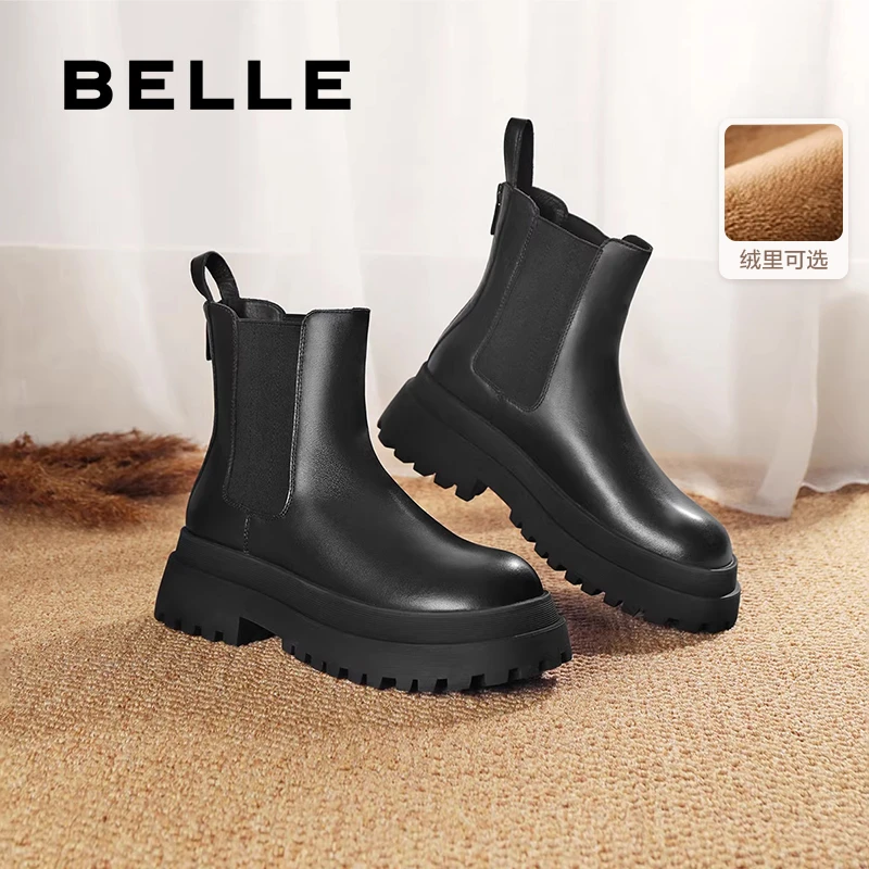 百丽厚底加绒切尔西靴女鞋冬季时尚百搭软底英伦风保暖短靴烟筒靴