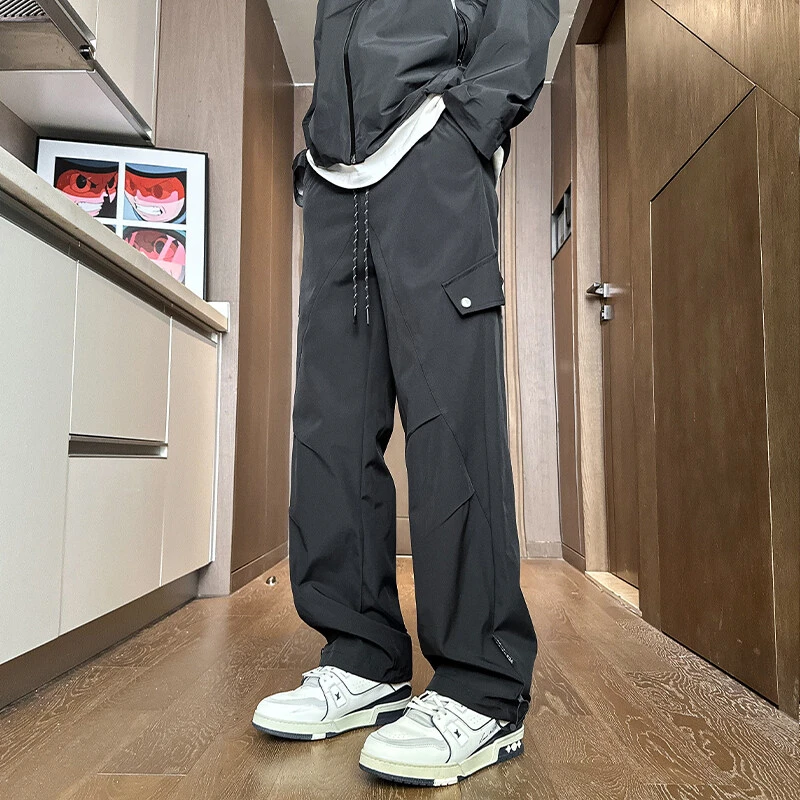 引创防风防水春季休闲裤子男港风美式宽松大码百搭直筒冲锋裤子男