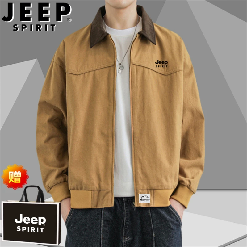 JEEPSPIRIT夹克男春秋季男士翻领水洗工装外套复古潮流宽松常规款