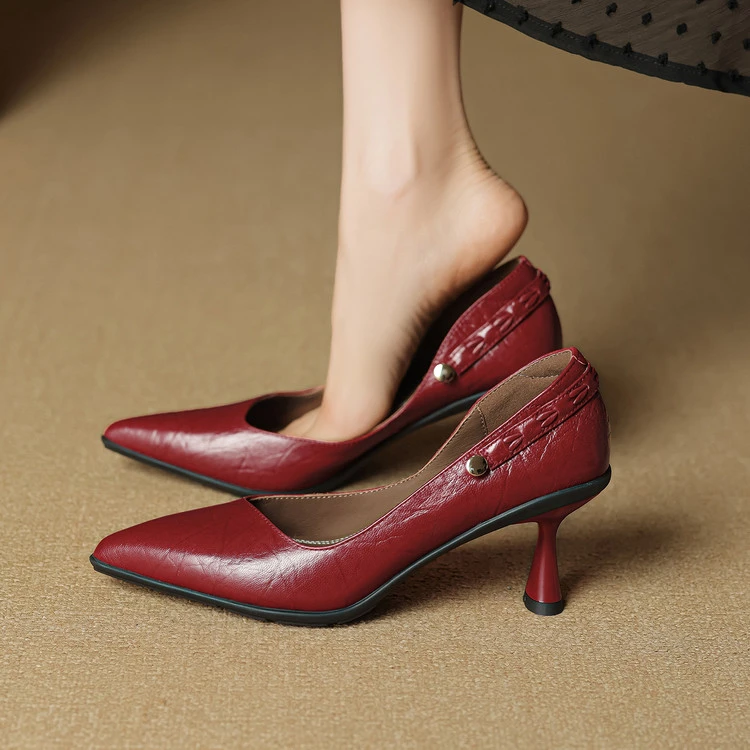 里外纯皮6.5cm～尖头高跟法式复古高跟两穿百搭女浅口单鞋时尚气质