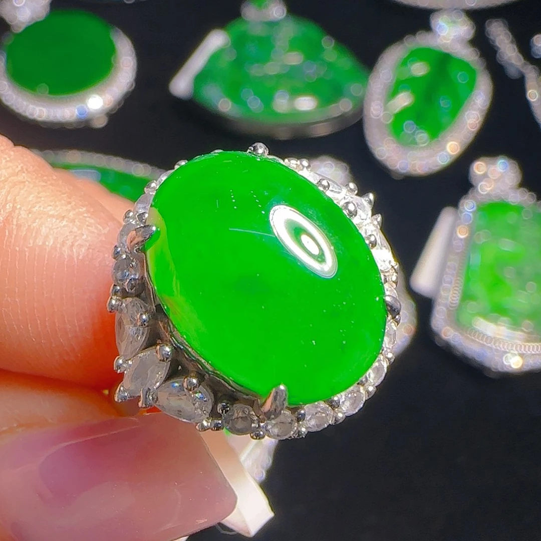 翡翠戒指银S925镶嵌天然