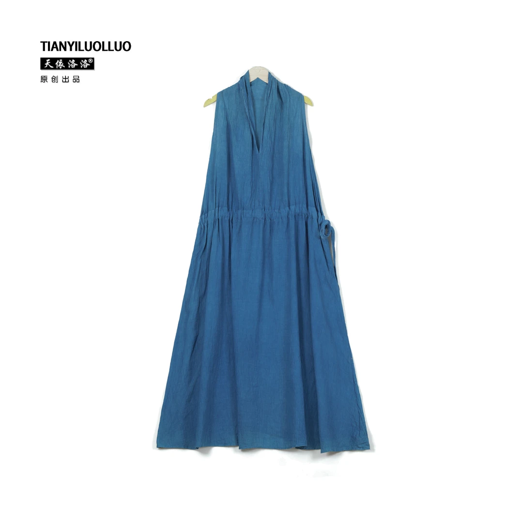 【天依洛洛】5065 宽松气质时尚百搭休闲无袖植物染连衣裙