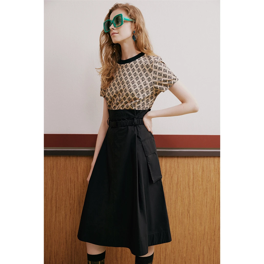 诗篇夏季圆领时尚复古法式拼接印花收腰优雅连衣裙6C33205100