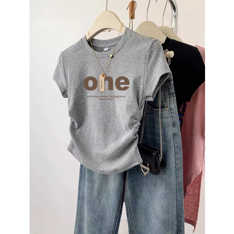 不规则褶皱圆领短袖t恤女夏季设计感修身短款小个子正肩体恤上衣