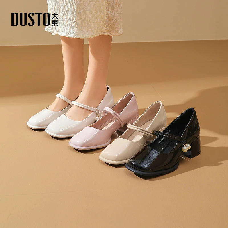 大东女鞋气质单鞋春季新款百搭甜美法式粗跟方头小皮鞋子0603