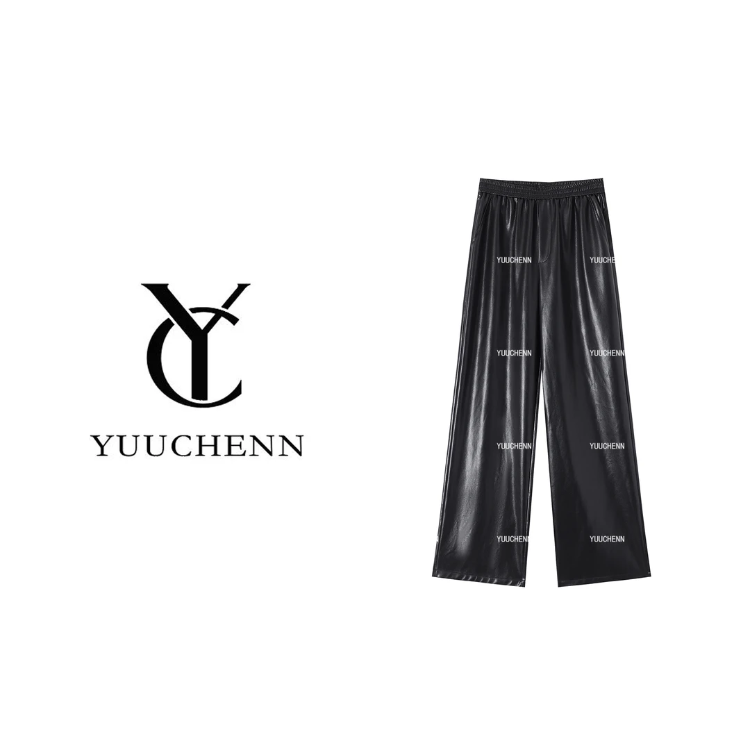 YUUCHENN 早春衣服简约时尚松紧腰垂感直筒皮裤 1533203