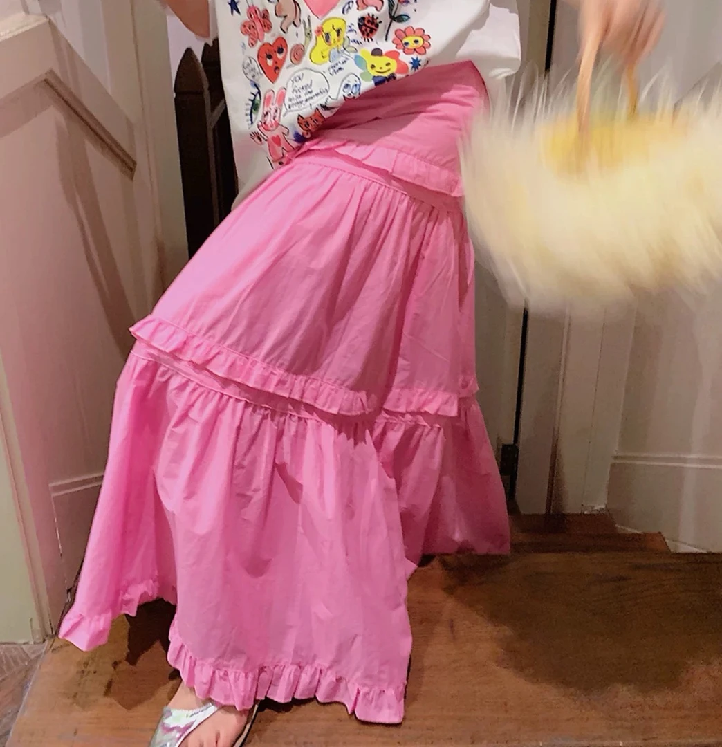 （芭比不Q）韩国女装夏款木耳边高腰显瘦中长款粉色A字半身裙女C472