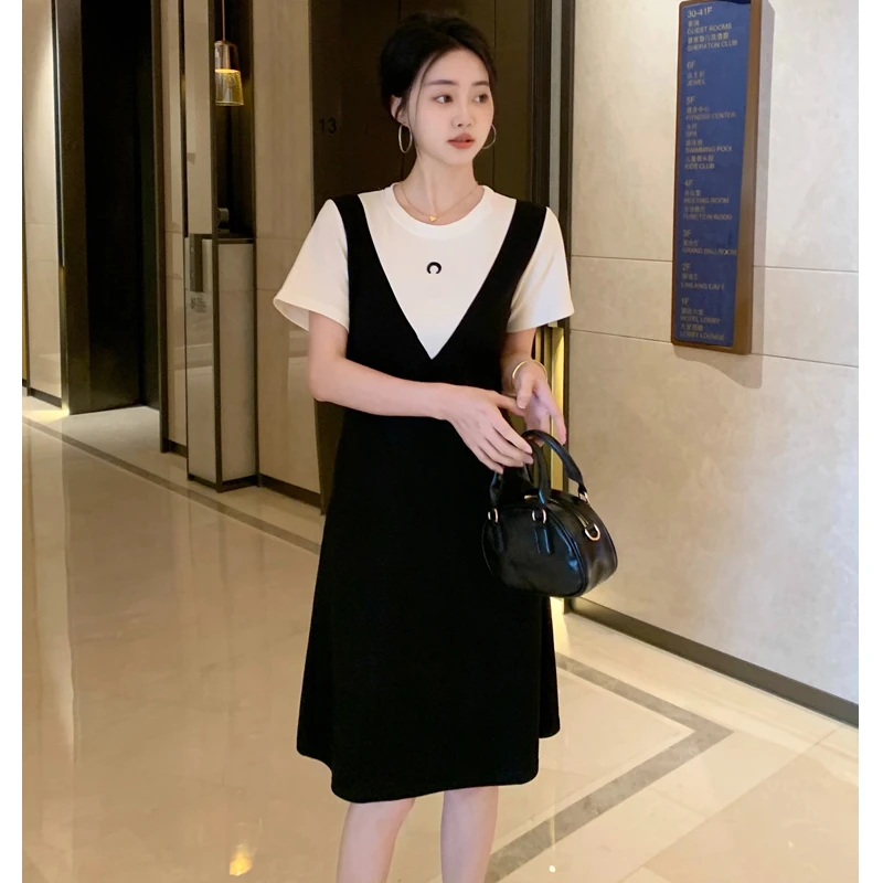 2025夏装胖mm遮肉显瘦撞色拼接假两件连衣裙803