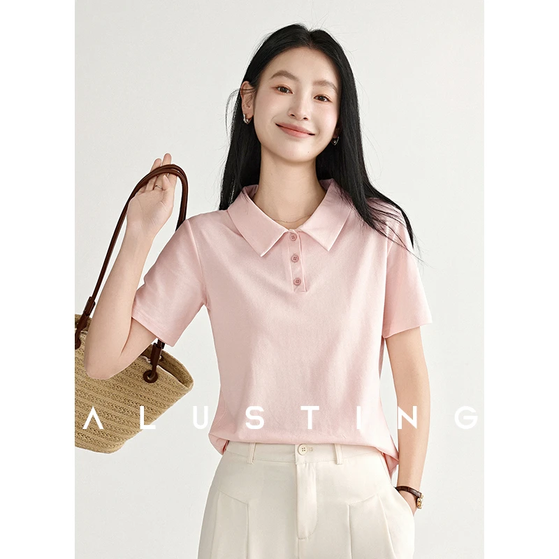 艾路丝婷短袖T恤女带领2025夏装新款休闲纯色polo衫百搭翻领上衣