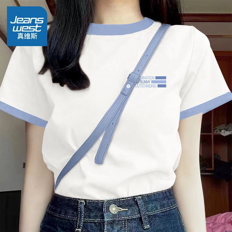 真维斯日系撞色短袖t恤女2025夏季新款简约休闲半袖正肩纯棉上衣